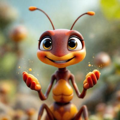 The primary subject of the image is a cartoon-like insect, possibly a grasshopper or a beetle, with a smiling face and a yellow color. The insect is surrounded by a forest-like setting, with trees and a few oranges scattered around. The visual style of the image is digital art, as it appears to be a computer-generated or digitally drawn illustration. The colors and mood of the image are cheerful and light-hearted, with the insect's bright yellow color and the overall